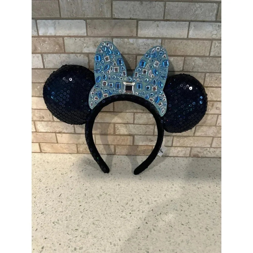 Disney Parks 60th Anniversary Minnie Mouse Ears Headband‎ Blue Jeweled Bow. G6